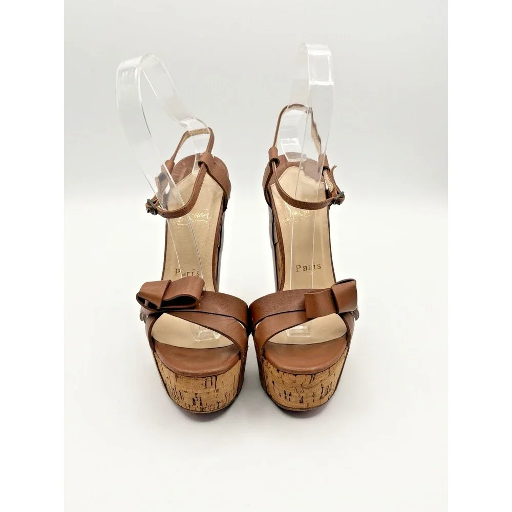 Christian Louboutin Cork Wedge Heels Brown Leather Bow Accent Size EU 35